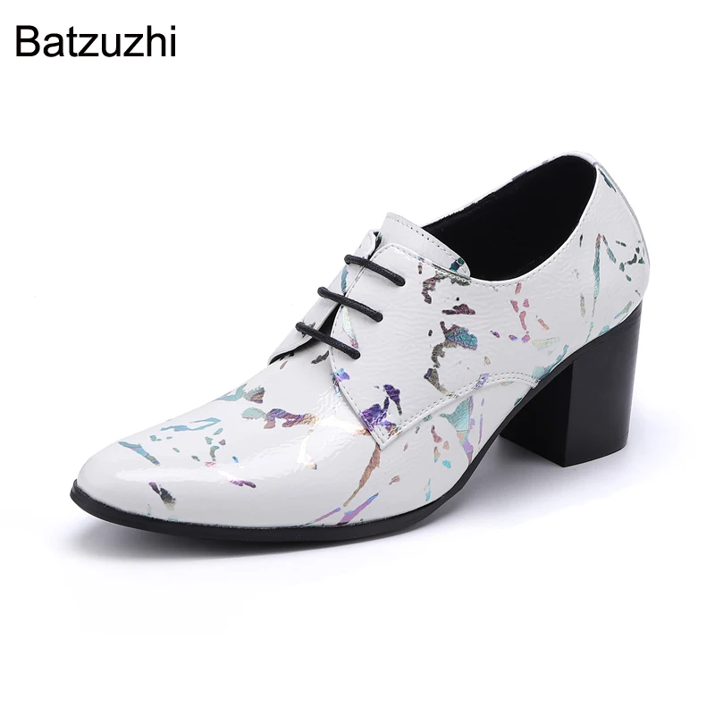Batzuzhi/мъжки обувки на висок ток 7 см, модел обувки от естествена кожа с шнур и остър бомбе, мъжки бели обувки за Сватби и партита Изображение 2