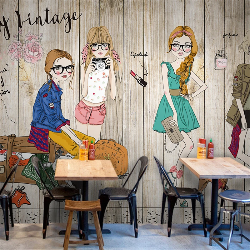 beibehang Безплатна доставка, масив, дърво, бяла тухла, модни тапети за момичета, фризьорски салон, чайна, голяма фреска Изображение 3