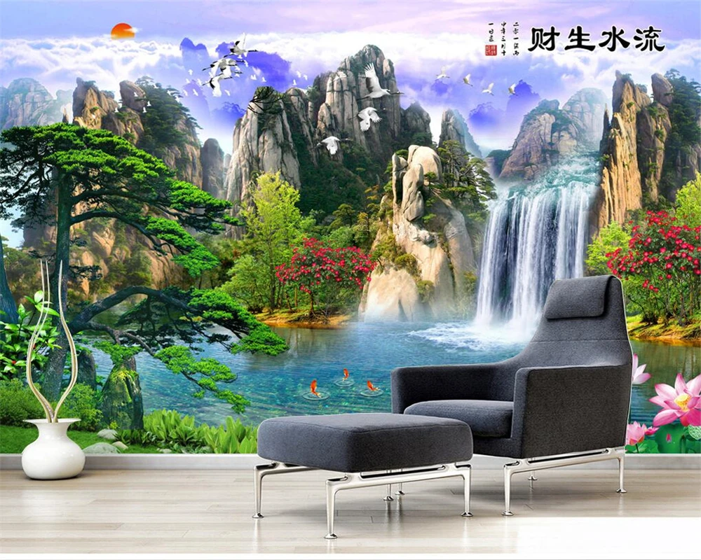 beibehang Индивидуална нова пейзаж живопис водопад телевизор, диван спалня хол тапети тапети тапети за дома Изображение 1