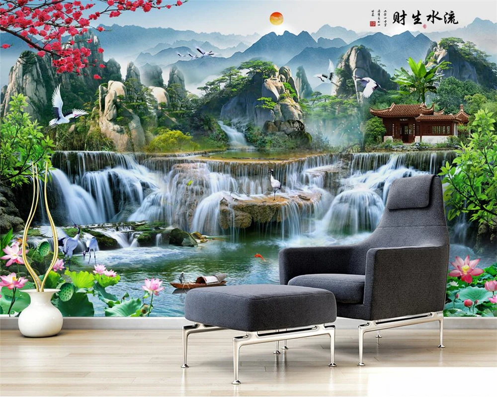 beibehang Индивидуална нова пейзаж живопис водопад телевизор, диван спалня хол тапети тапети тапети за дома Изображение 3