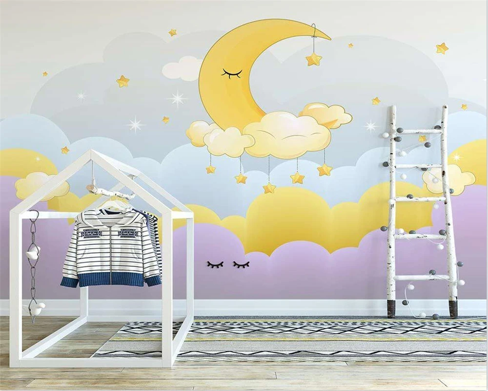 beibehang Индивидуални съвременните скандинавски тапети ръчно рисувани с анимационни герои, начало декор, на луната, на звездното небе, на фона на тапети за детска стая Изображение 2
