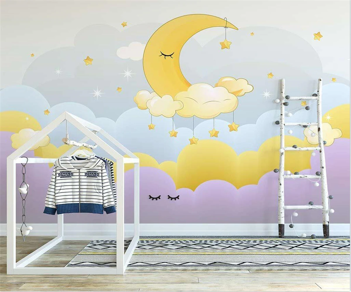 beibehang Индивидуални съвременните скандинавски тапети ръчно рисувани с анимационни герои, начало декор, на луната, на звездното небе, на фона на тапети за детска стая Изображение 3