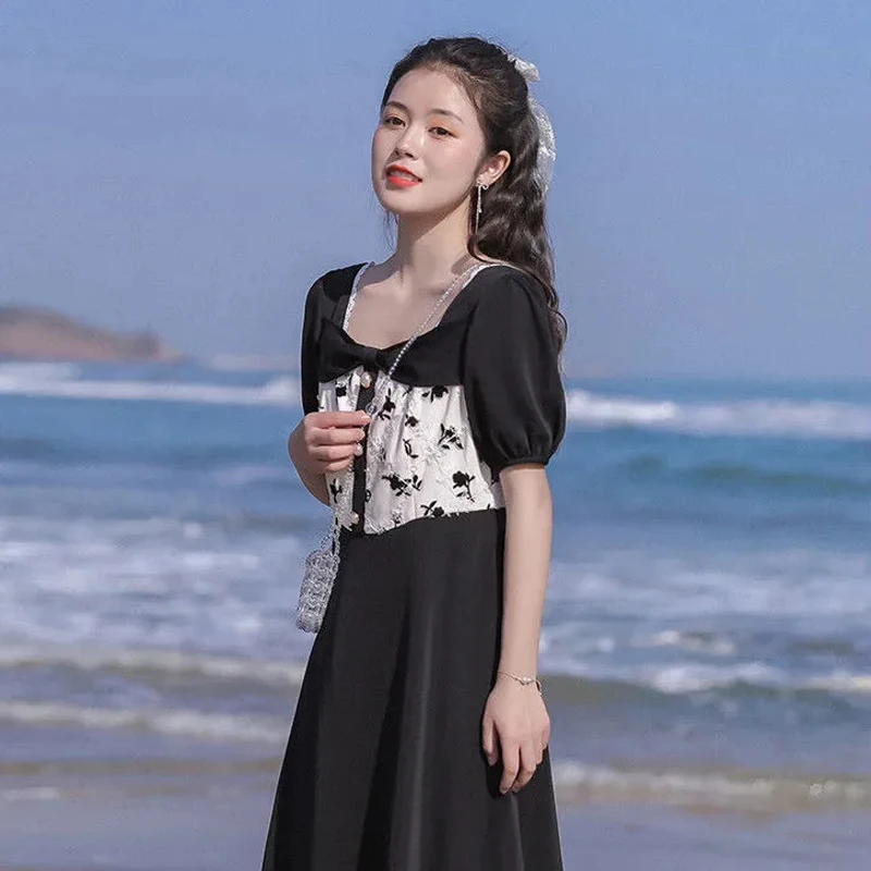 Bella 2021, нови летни рокли, дамско черно винтажное рокля трапецовидна форма, с квадратна яка и буйни, с дълъг ръкав, дамски корейски дрехи с принтом, Vestidos Изображение 2