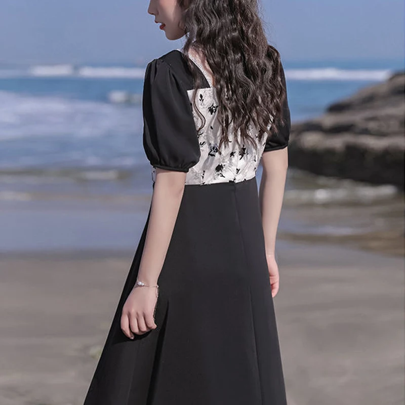 Bella 2021, нови летни рокли, дамско черно винтажное рокля трапецовидна форма, с квадратна яка и буйни, с дълъг ръкав, дамски корейски дрехи с принтом, Vestidos Изображение 5