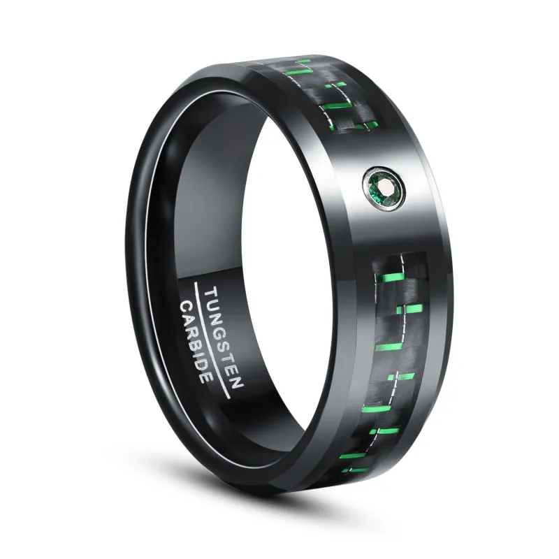 BONLAVIE пръстен от волфрам карбид 8 мм, със скосен ръб, годежни пръстени от черно въглеродни влакна с цирконии за мъже, Комфортни бижута Изображение 1