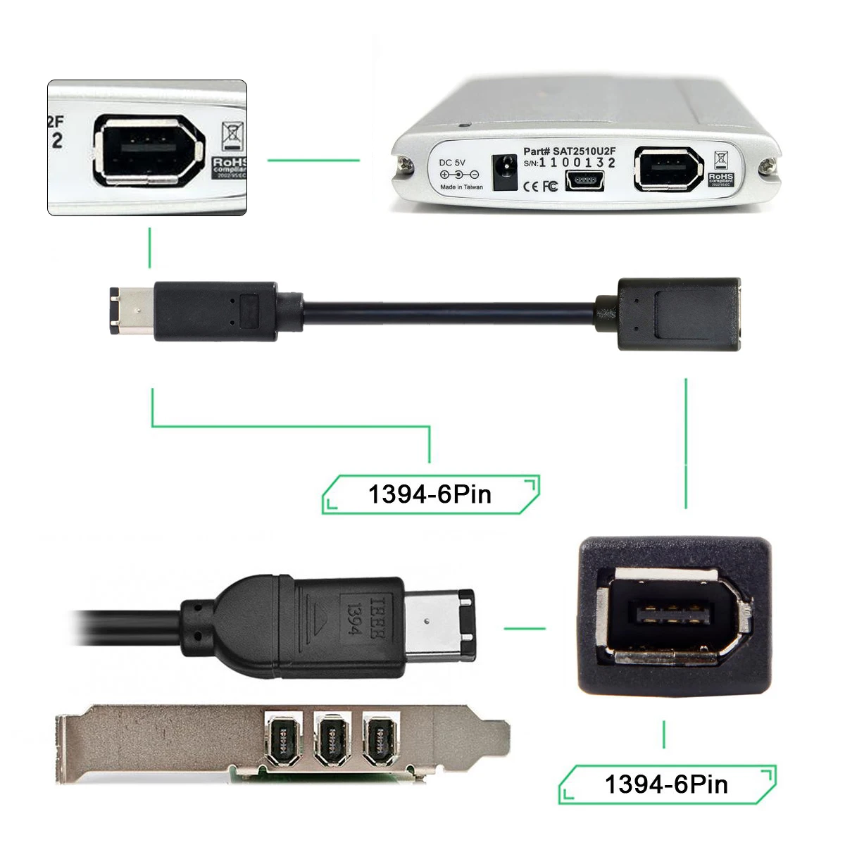 Cablecc IEEE 1394 6Pin Женски удължителен кабел За пренос на данни и видео заснемане Firewire 400-400 Кабел 20 см 1394a 6Pin Мъжки Изображение 5
