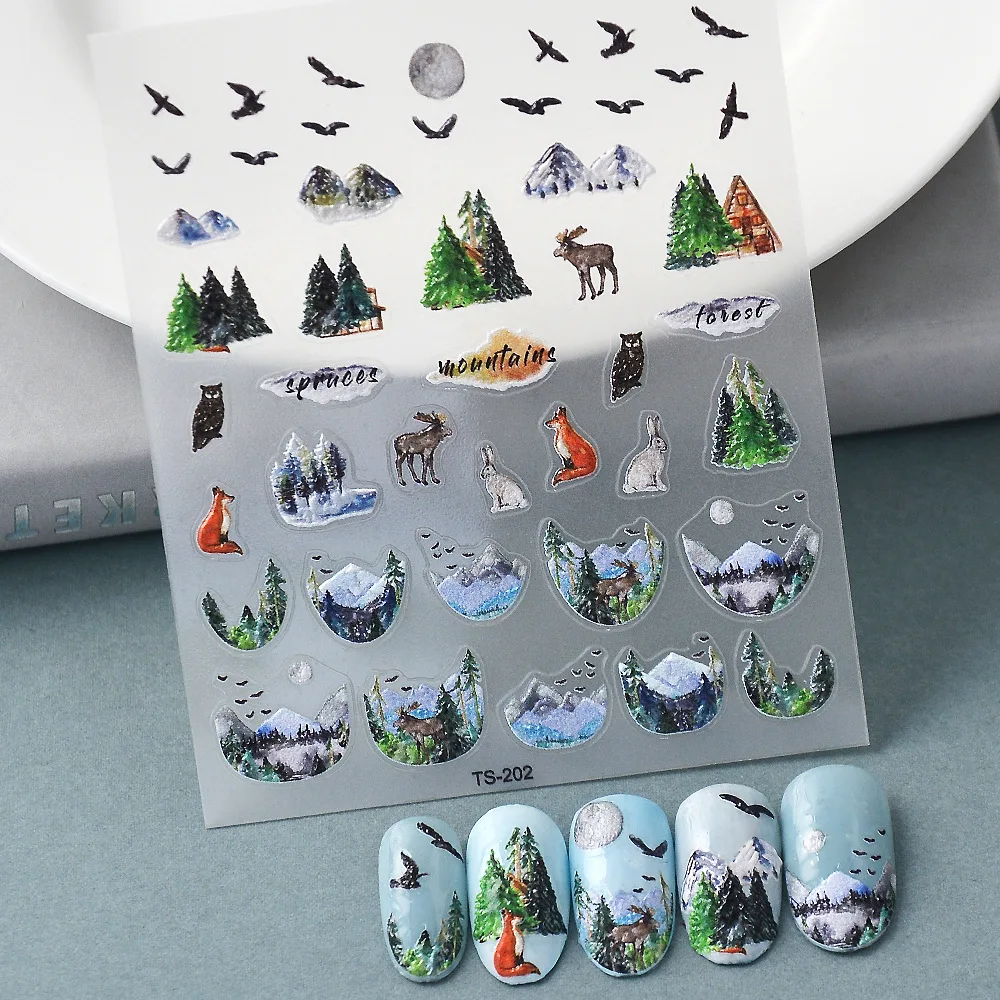 Cartoony Снежен Планински гори, Дива Гъска, Елен, Лисица, 3D Самозалепващи етикети за дизайн на ноктите, стикер за маникюр с участието на пейзажных животни Изображение 0