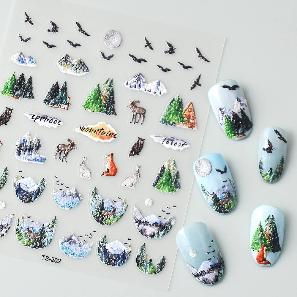 Cartoony Снежен Планински гори, Дива Гъска, Елен, Лисица, 3D Самозалепващи етикети за дизайн на ноктите, стикер за маникюр с участието на пейзажных животни Изображение 1