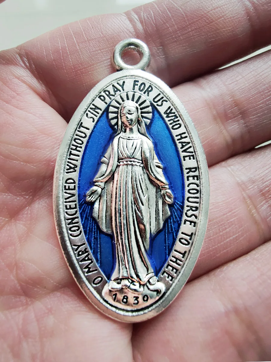 Diyalo Our Lady of Grace, Прекрасни окачване-медали, Колие, Броеници, Католически религиозни орнаменти, Цвят сини емайл Изображение 1