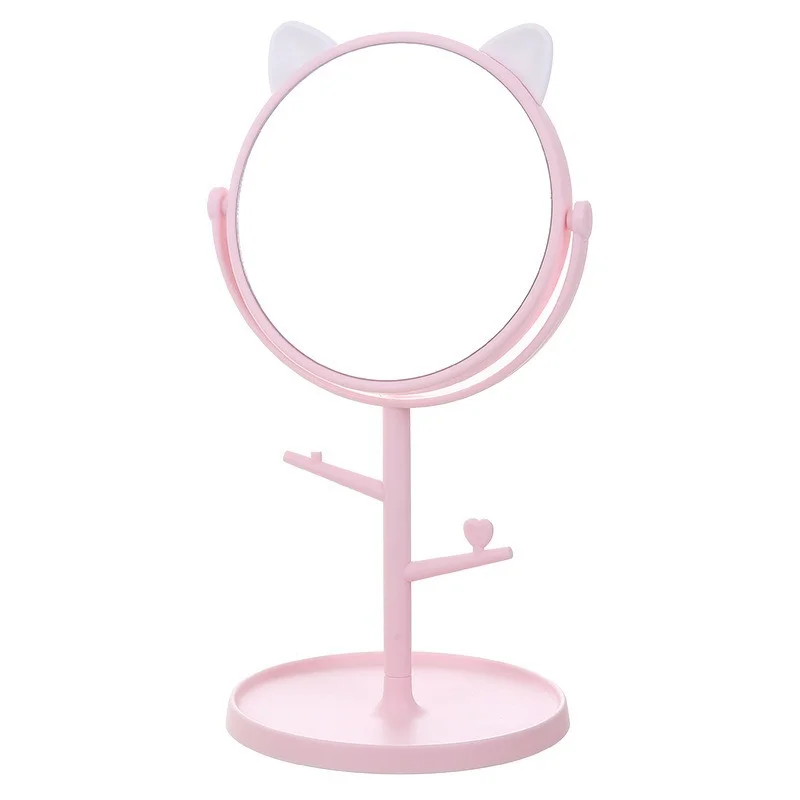 DSHOU137 Розовото Огледало с кошачьими уши, Плот за работния плот, основа за баня, нормално огледало за грим с полочками за бижута и козметика Изображение 0