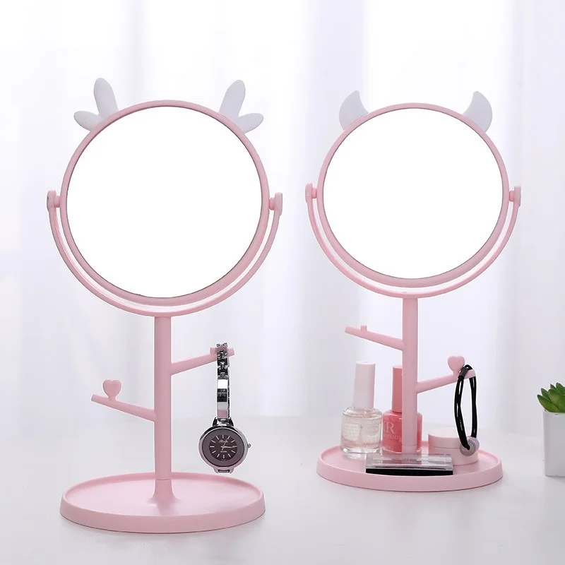 DSHOU137 Розовото Огледало с кошачьими уши, Плот за работния плот, основа за баня, нормално огледало за грим с полочками за бижута и козметика Изображение 1