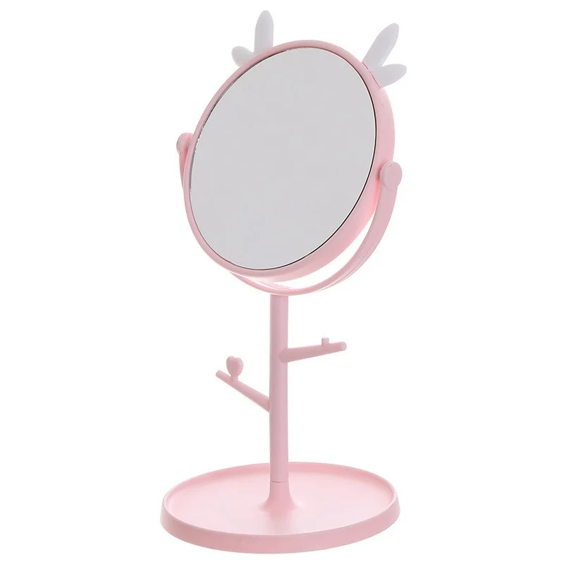 DSHOU137 Розовото Огледало с кошачьими уши, Плот за работния плот, основа за баня, нормално огледало за грим с полочками за бижута и козметика Изображение 3