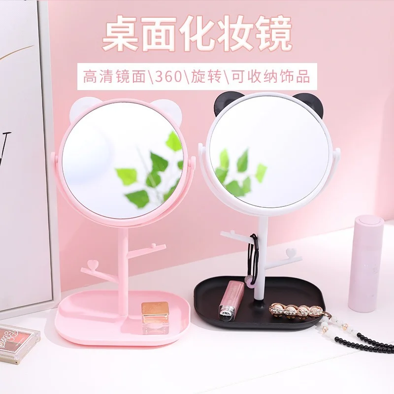 DSHOU137 Розовото Огледало с кошачьими уши, Плот за работния плот, основа за баня, нормално огледало за грим с полочками за бижута и козметика Изображение 5