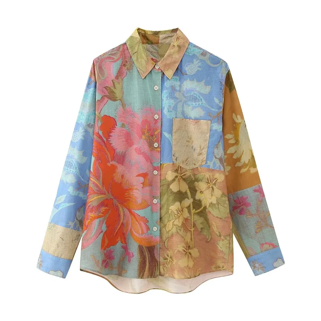 DYLQFS 2023, НОВИ летни дамски ризи с принтом в стил мозайка, Свободни Однобортные джобове, Бижута, Реколта градинска облекло Изображение 2