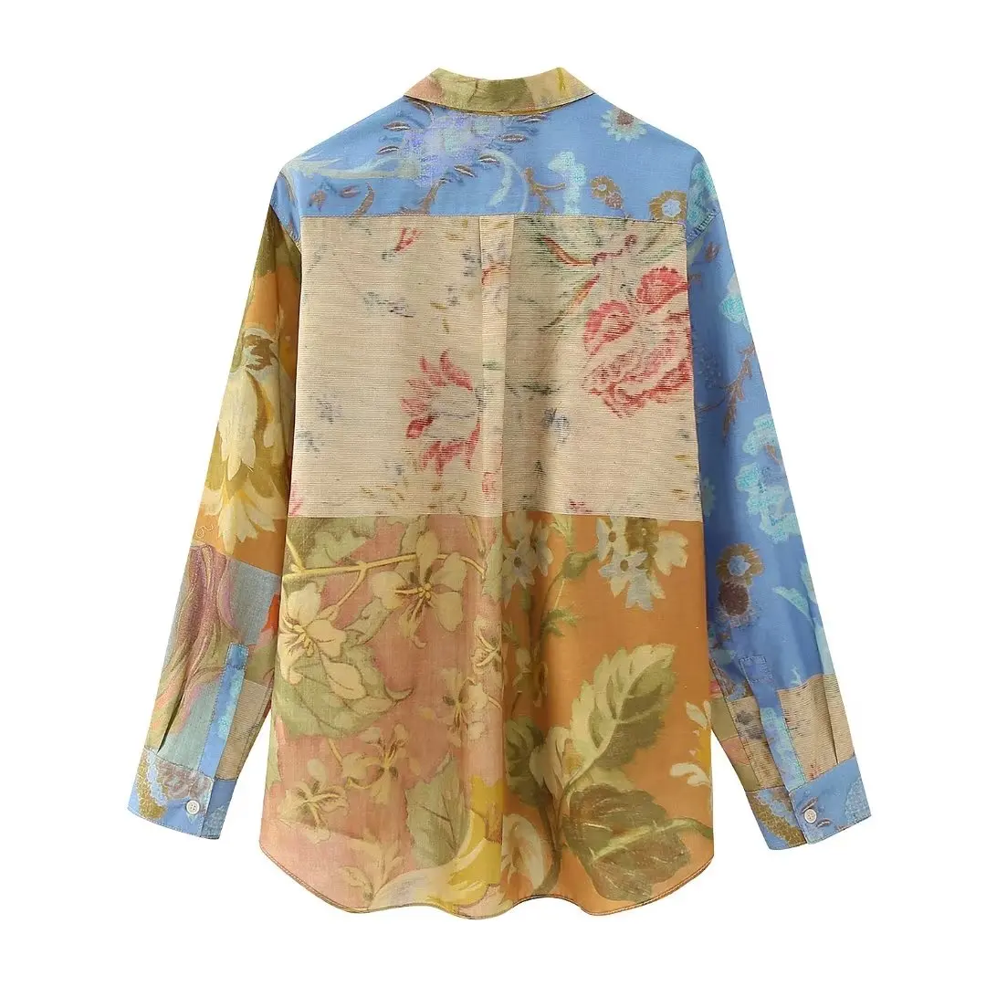 DYLQFS 2023, НОВИ летни дамски ризи с принтом в стил мозайка, Свободни Однобортные джобове, Бижута, Реколта градинска облекло Изображение 3