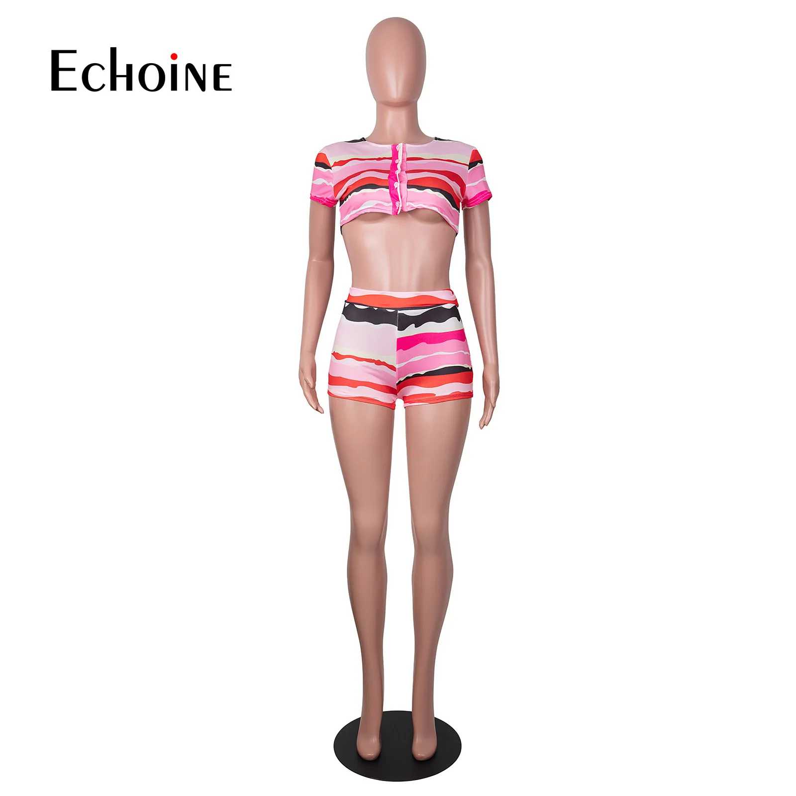 Echoine, женски секси контрастен комплект от две части, однобортный съкратен топ в ивица с къс ръкав, къси панталони, тънки летни дрехи Изображение 3