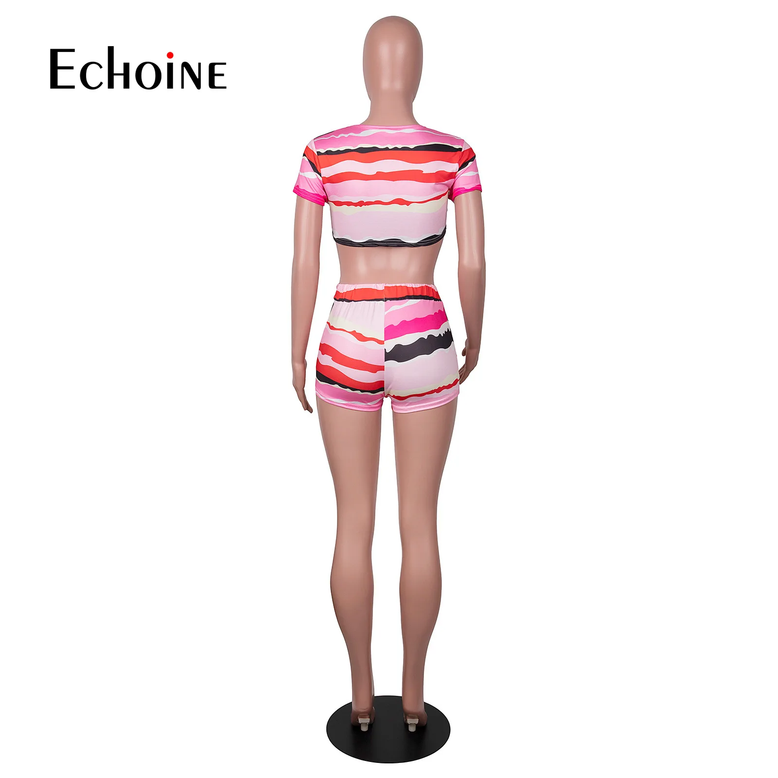 Echoine, женски секси контрастен комплект от две части, однобортный съкратен топ в ивица с къс ръкав, къси панталони, тънки летни дрехи Изображение 4