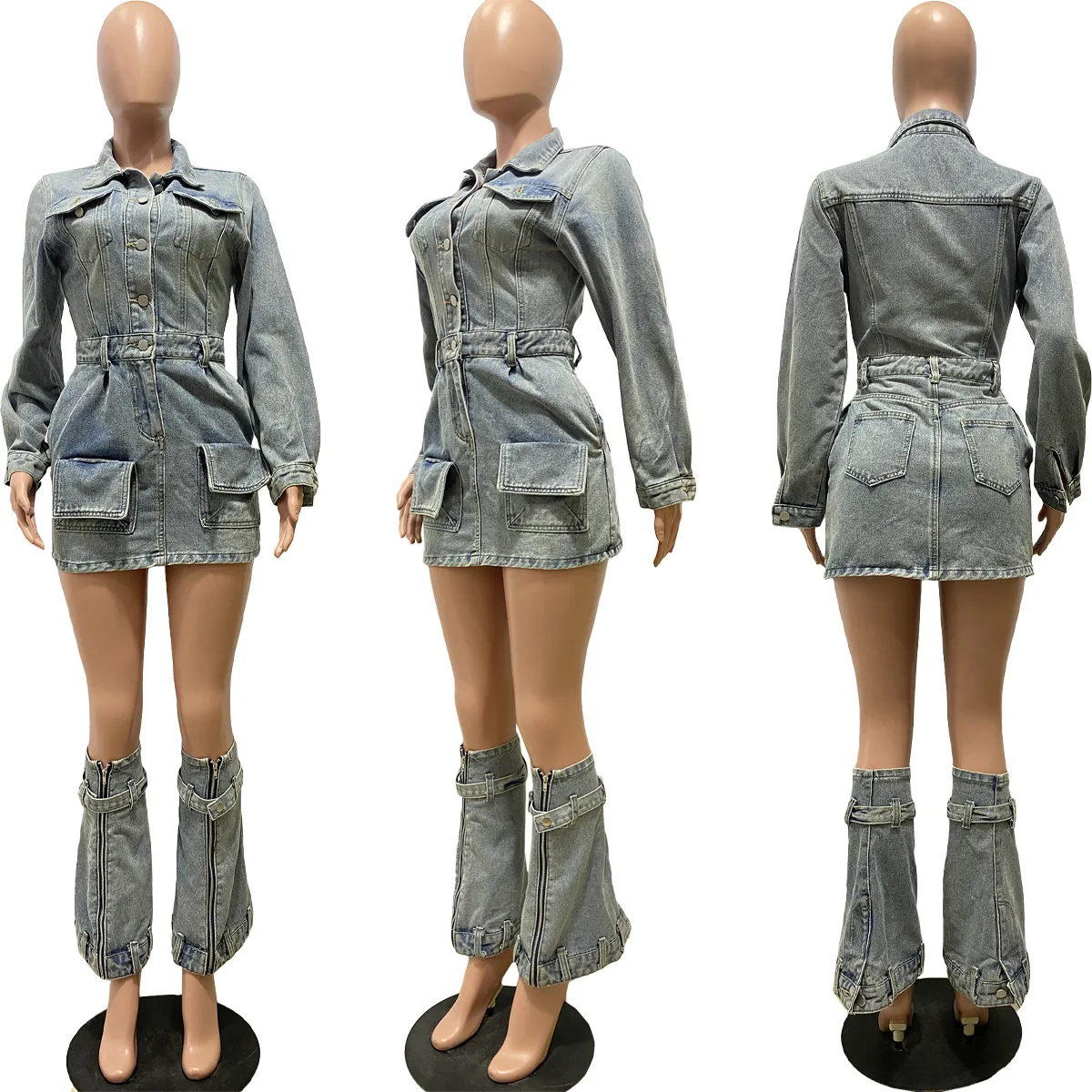 Felyn 2023, Ново прием на известна марка, 3 предмет, женски деним комплект, однотонная яке, пола и долните дънки, ежедневни облекла Изображение 1