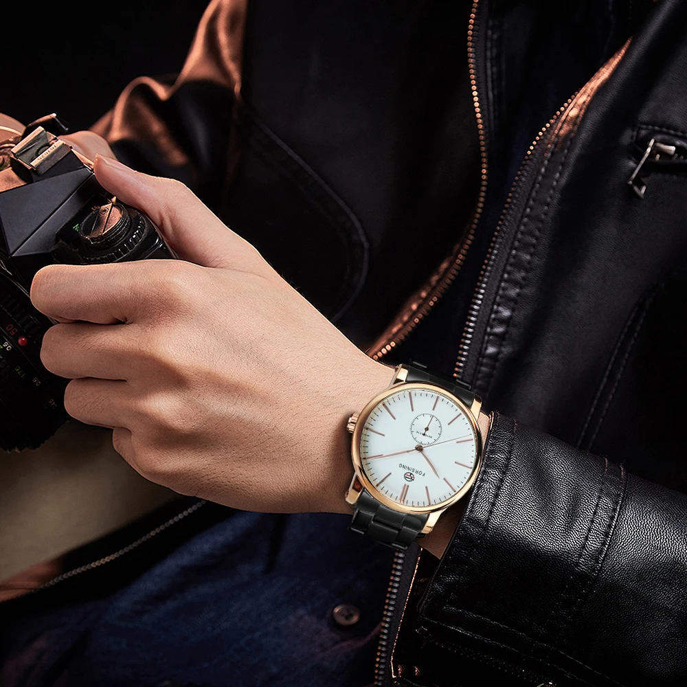 Forsining ежедневни автоматични часовници за мъже, прости механични ръчни часовници 2022, модерен стомана каишка със светещи стрелки, relojes Изображение 4