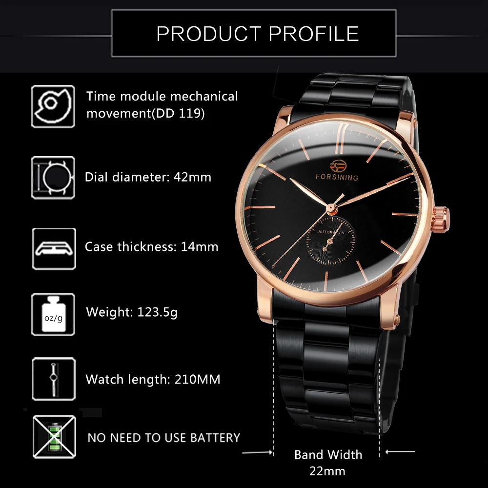 Forsining ежедневни автоматични часовници за мъже, прости механични ръчни часовници 2022, модерен стомана каишка със светещи стрелки, relojes Изображение 5