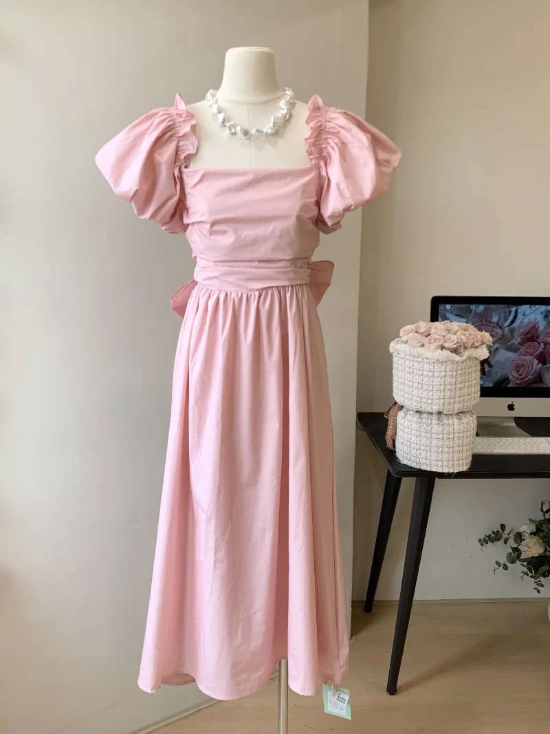 GkyocQ Ново лятно женствена рокля с пищни ръкави, однотонное цельнокроеное-секси розова рокля в корейски стил, черен памучен дамски дрехи midi Изображение 2