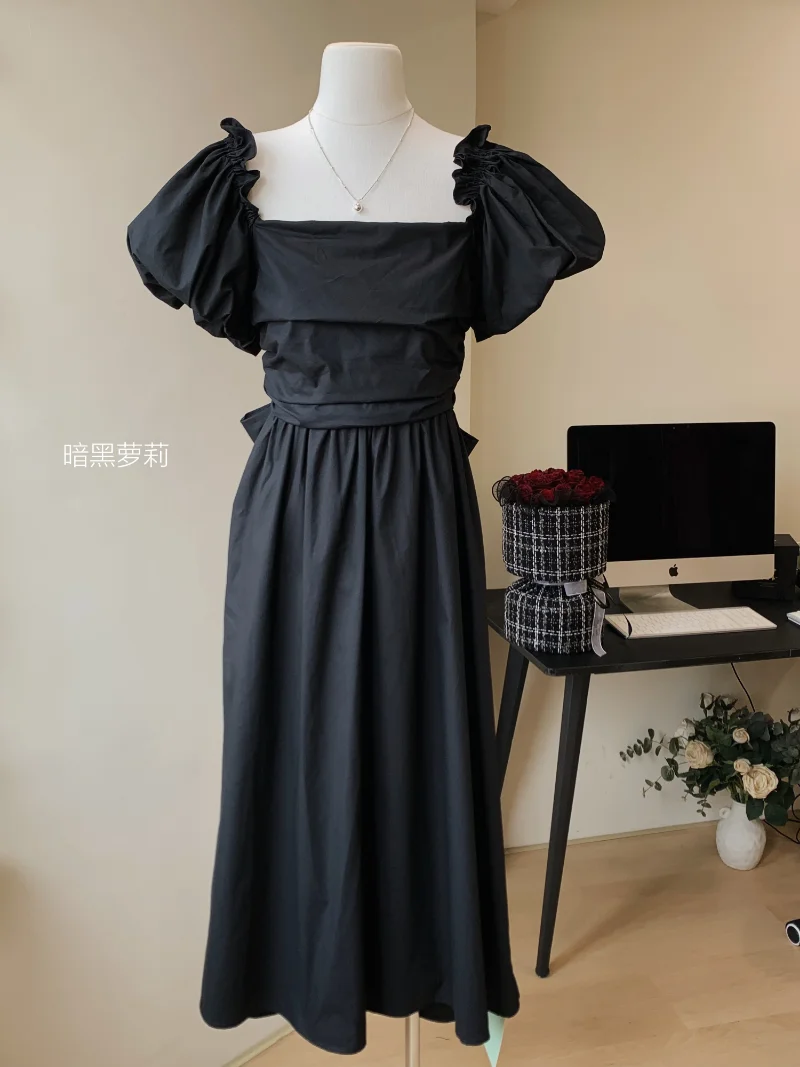 GkyocQ Ново лятно женствена рокля с пищни ръкави, однотонное цельнокроеное-секси розова рокля в корейски стил, черен памучен дамски дрехи midi Изображение 3