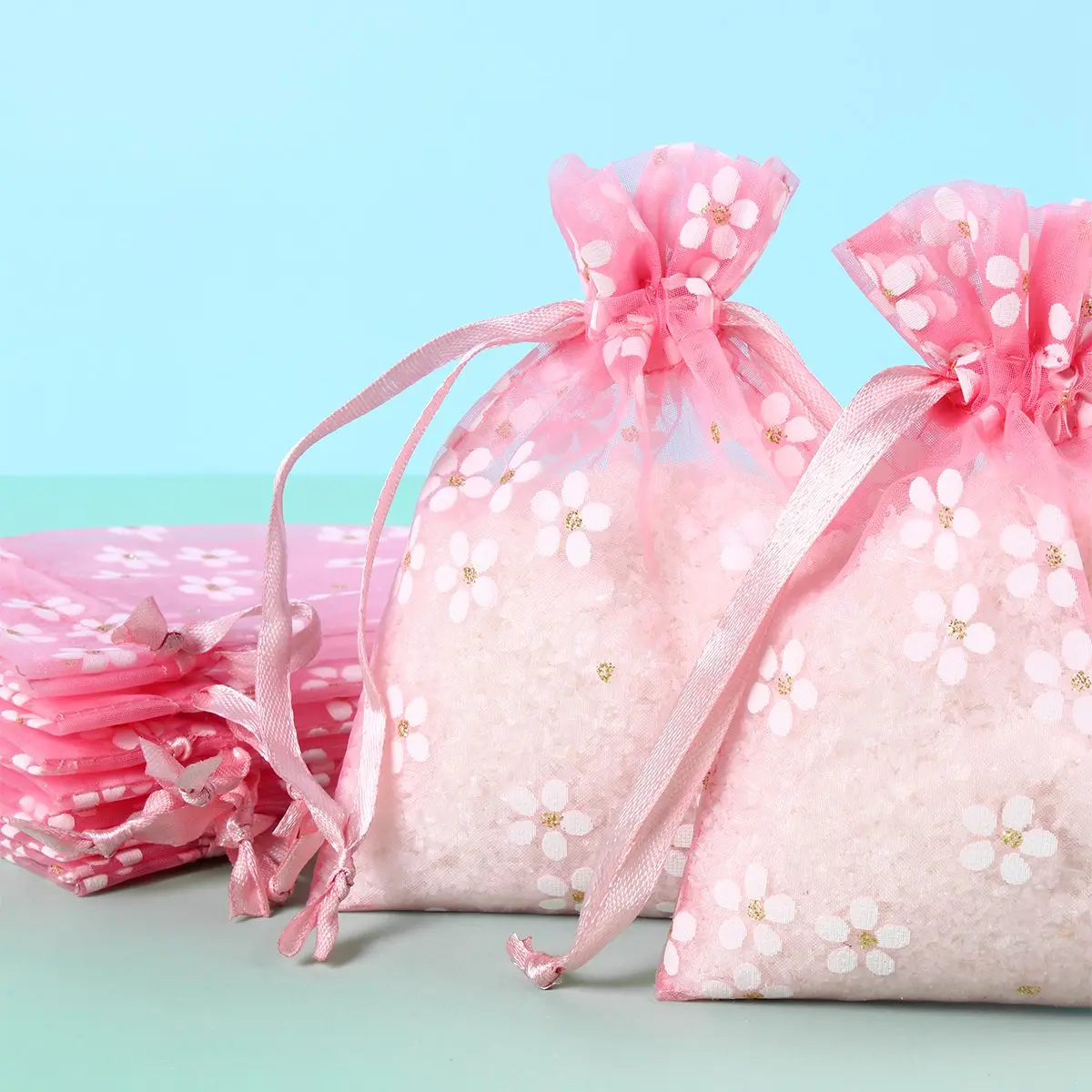 HUIRAN 10ШТ Бели и розови дамски чанти с завязками от органза, за опаковане на подаръци, бижута, чанти, чанта за прежда, Коледни сватбени сувенири и подаръци Изображение 1