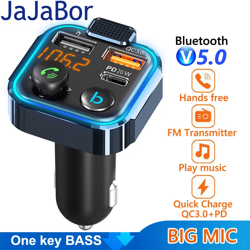 JaJaBor FM трансмитер, Гласово помощник Type C PD 20 W QC3.0, Бързо зареждане, Възпроизвеждане с U-диск, хендсфри, Bluetooth съвместим комплект за автомобил Изображение 0