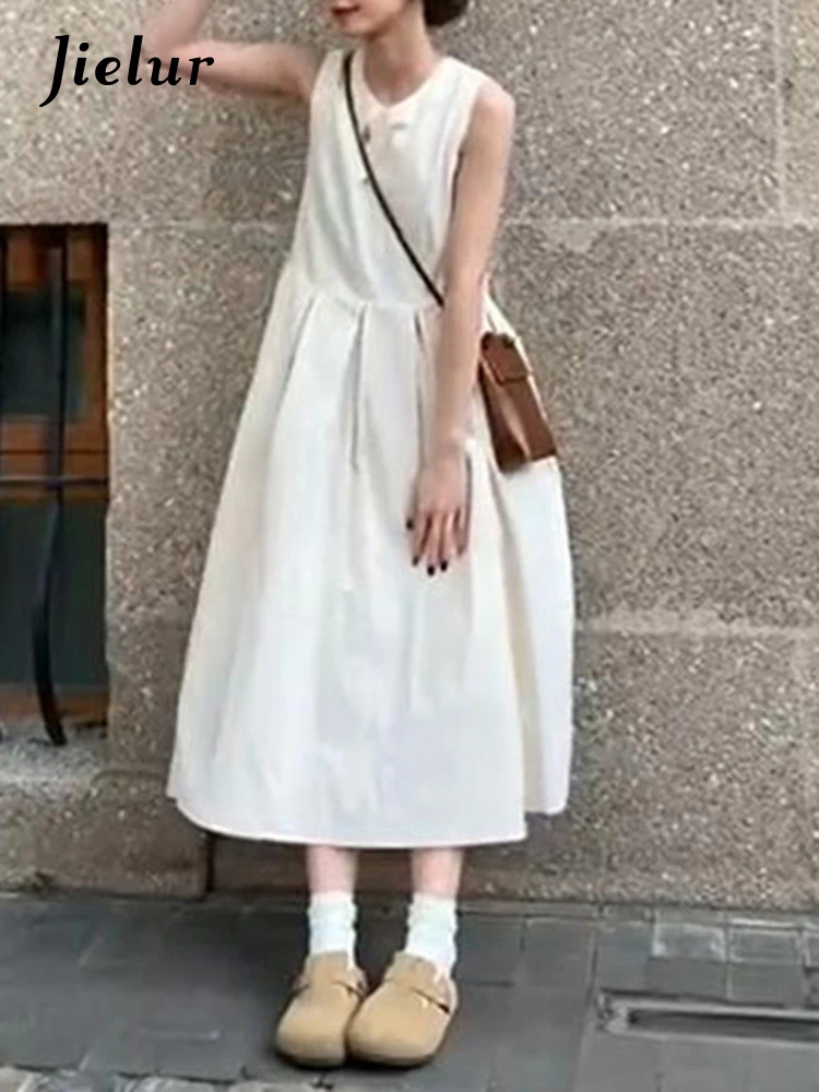 Jielur, пролетно-лятна рокля с джобове, жената просто рокля на миди без ръкави, Женски корейски Елегантни Рокли, дамски однотонная облекло Изображение 1