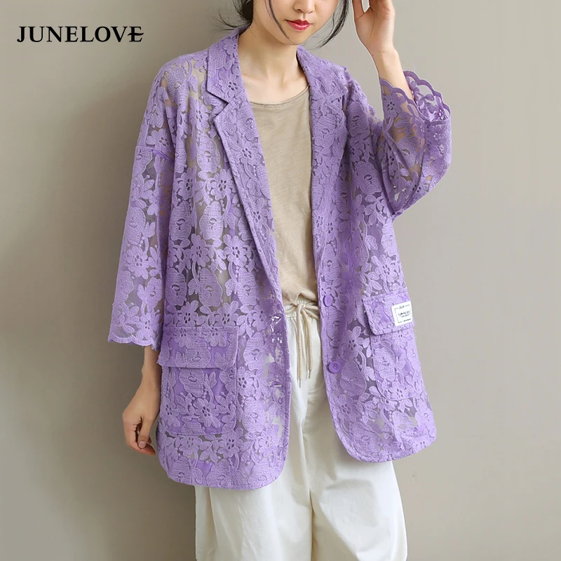 JuneLove, новост лятото 2021, Британски моден жена, завързана блейзър с цветен модел, Женски разноцветни дантелени блузи с бродерия, универсални ежедневни тънки върхове Изображение 0