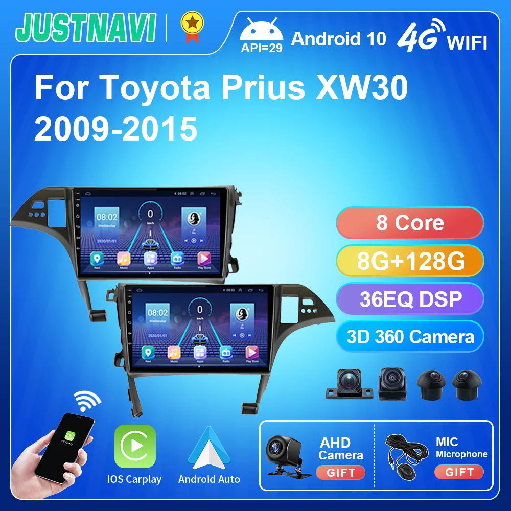 JUSTNAVI Android10.0 Автомагнитола за Toyota Prius XW30 2009-2015 Видео Мултимедиен Плейър Carplay Стерео Авторадио GPS Навигация Изображение 0