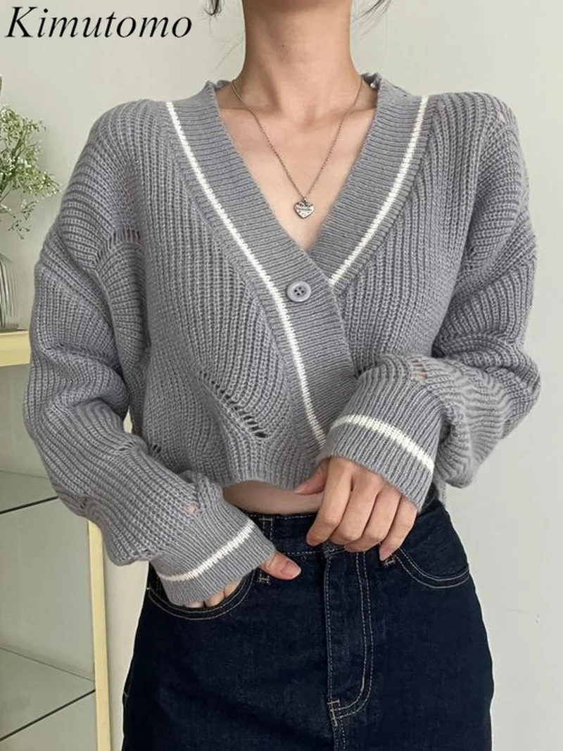Kimutomo Ретро свободен пуловер с изрезки, дамски елегантен пуловер с V-образно деколте и студен цвят в едната гърда, кратък универсален вязаный жилетка Изображение 0