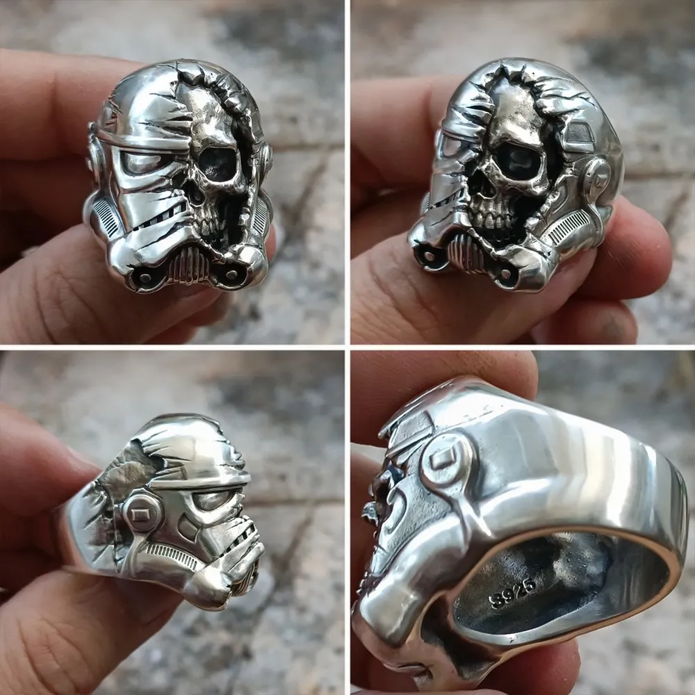 LINSION, пръстен с бял воин от сребро 925 проба, мъжко байкерское пръстен в стил пънк TA311, размерът на САЩ 7 ~ 16 Изображение 3
