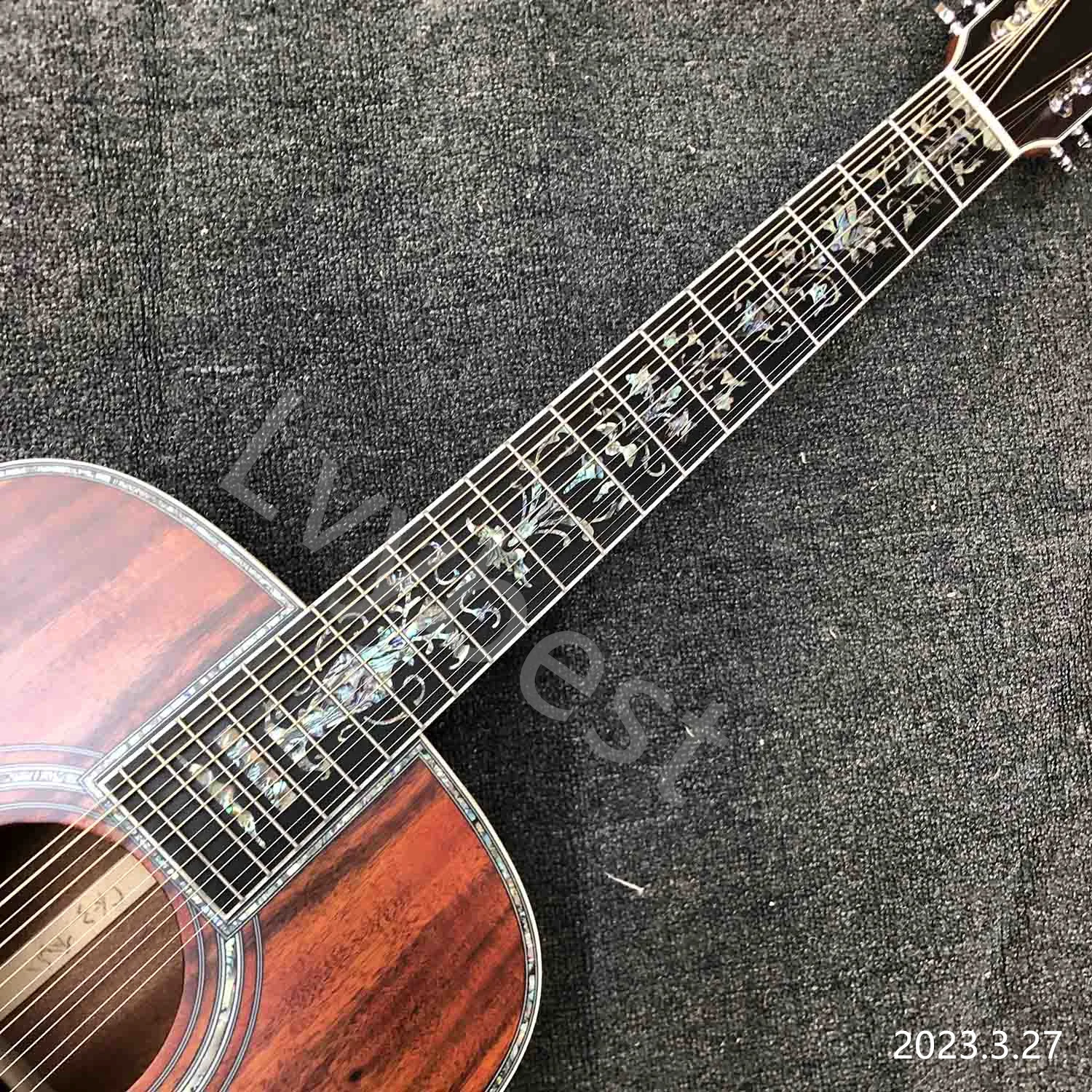 Lvybest изработени по поръчка 12 низ класическа акустична китара от масивно дърво COA с кръгла корпус от черно дърво Изображение 1