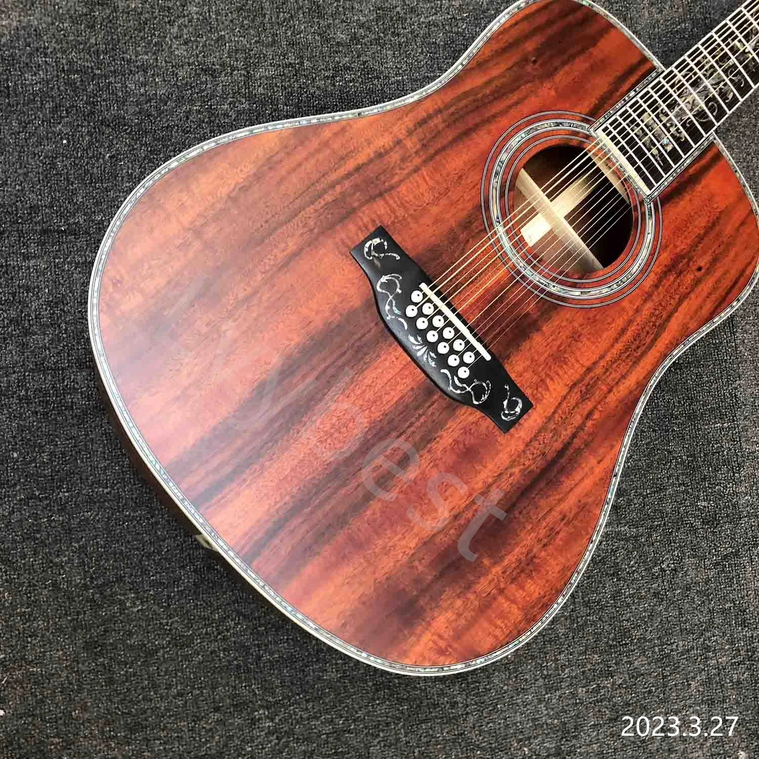 Lvybest изработени по поръчка 12 низ класическа акустична китара от масивно дърво COA с кръгла корпус от черно дърво Изображение 2
