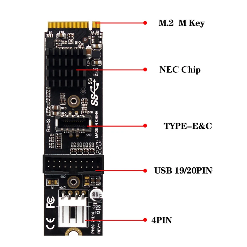 M. 2 M Ключ NVME PCIe към USB 3,1 Такса за Разширяване на Предния панел на Карта 10 GB TYPE-E + 5 GB, 20 Контакти 2 USB3 порта.0 Адаптер hub Странично за PC Изображение 3