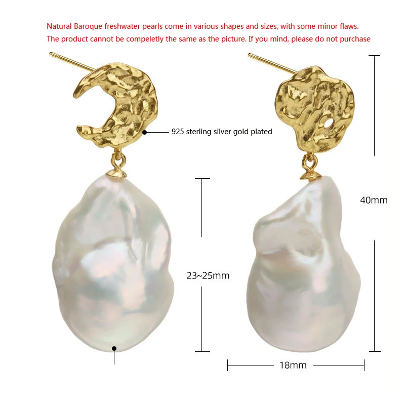 MeiBaPJ 17 мм натурален големи перли в бароков стил, Модни висящи обеци от Сребро 925 проба Изискани сватбени бижута за жени Изображение 1