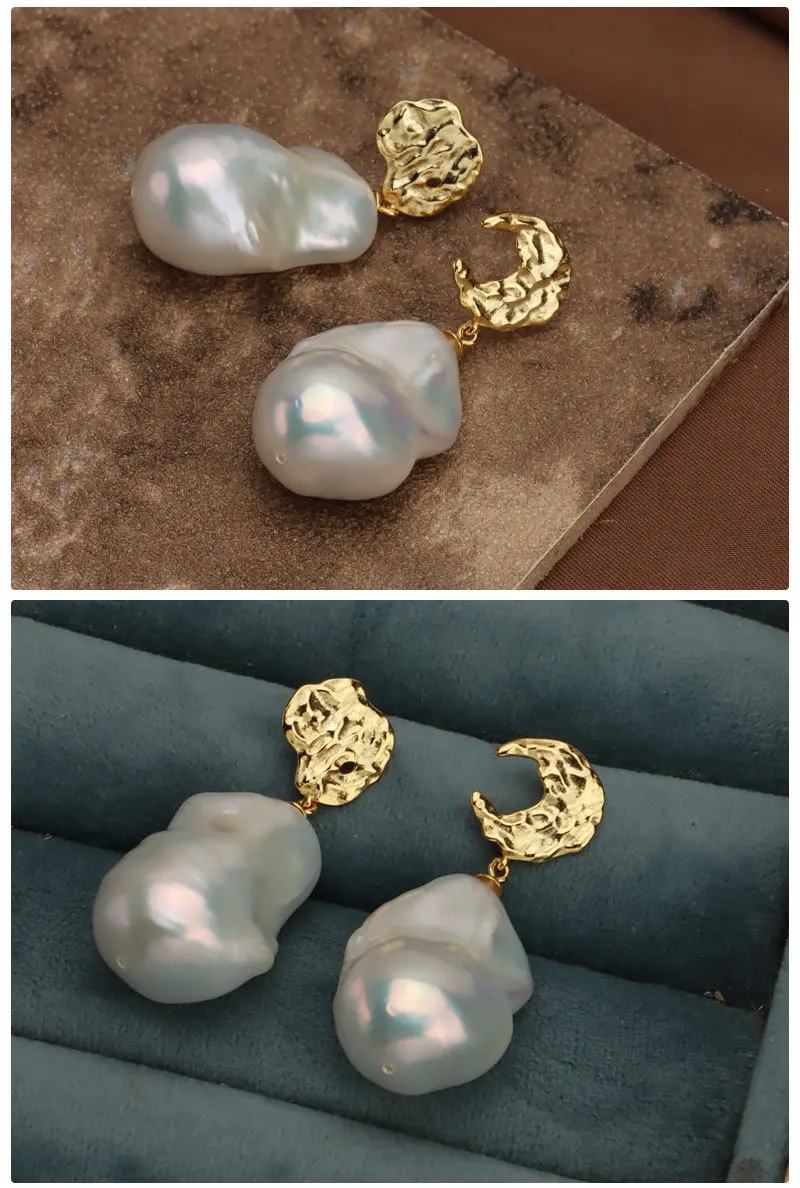 MeiBaPJ 17 мм натурален големи перли в бароков стил, Модни висящи обеци от Сребро 925 проба Изискани сватбени бижута за жени Изображение 2