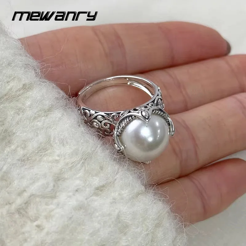 Mewanry Сребърен пръстен с кухи перли за жени, ретро елегантен етнически цветя модел, украса за парти в чест на рождения ден, Аксесоари, Подаръци Изображение 0