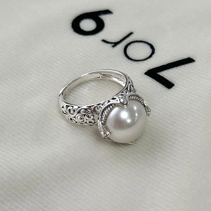 Mewanry Сребърен пръстен с кухи перли за жени, ретро елегантен етнически цветя модел, украса за парти в чест на рождения ден, Аксесоари, Подаръци Изображение 1