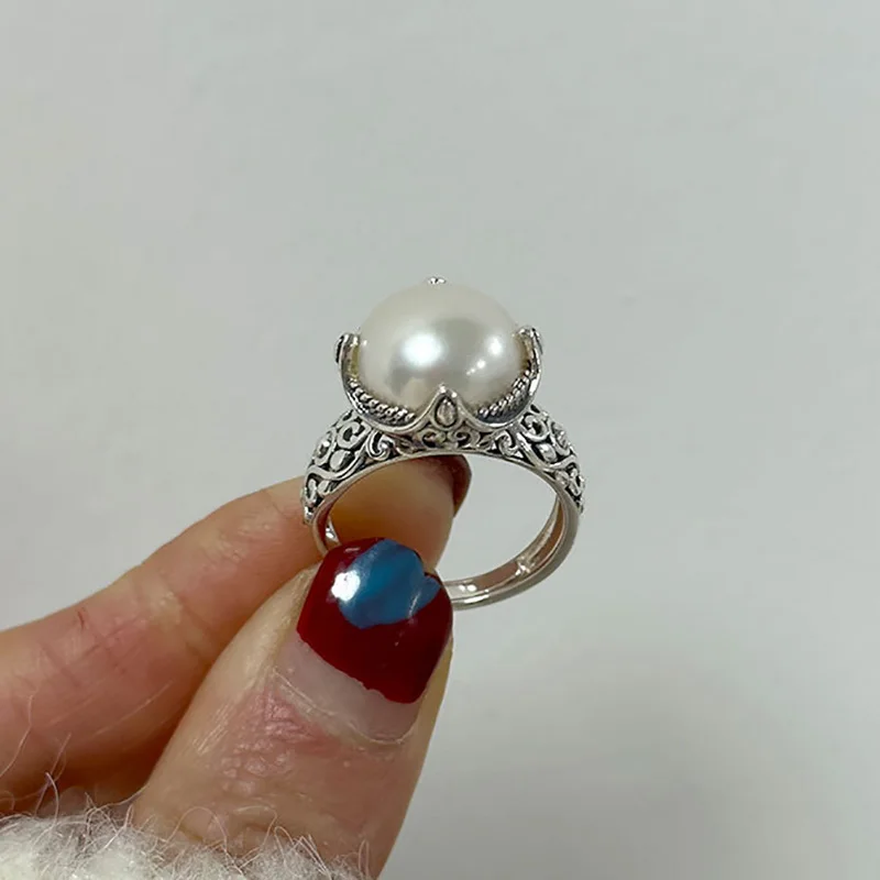 Mewanry Сребърен пръстен с кухи перли за жени, ретро елегантен етнически цветя модел, украса за парти в чест на рождения ден, Аксесоари, Подаръци Изображение 2