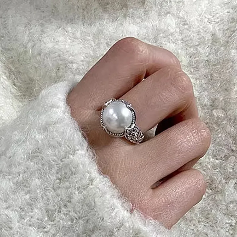 Mewanry Сребърен пръстен с кухи перли за жени, ретро елегантен етнически цветя модел, украса за парти в чест на рождения ден, Аксесоари, Подаръци Изображение 3
