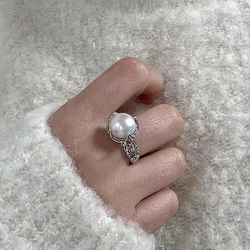 Mewanry Сребърен пръстен с кухи перли за жени, ретро елегантен етнически цветя модел, украса за парти в чест на рождения ден, Аксесоари, Подаръци Изображение 4