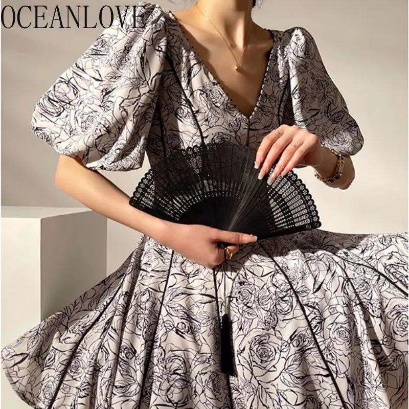 OCEANLOVE Vestidos Mujer с ръкав-фенерче и V-образно деколте, реколта корейски модни летни рокли за жените, елегантен женски халат Изображение 0