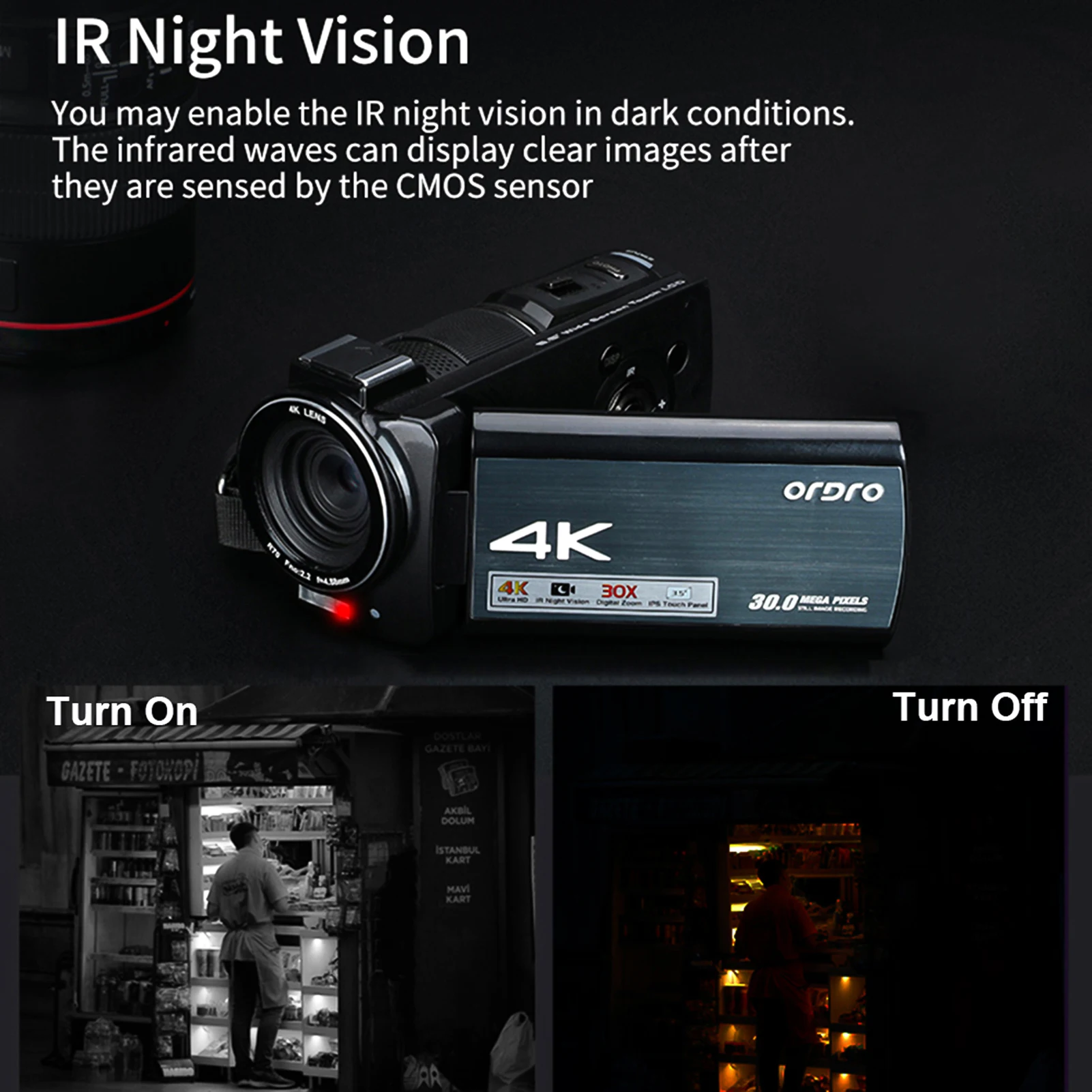 ORDRO HDR-AX10 Цифрова Камера за 4K WiFi DV Записващо устройство и Видеокамера 30MP 30-Кратно Цифрово увеличение Разпознаване на Лица IR за Нощно Виждане Antishake Изображение 5