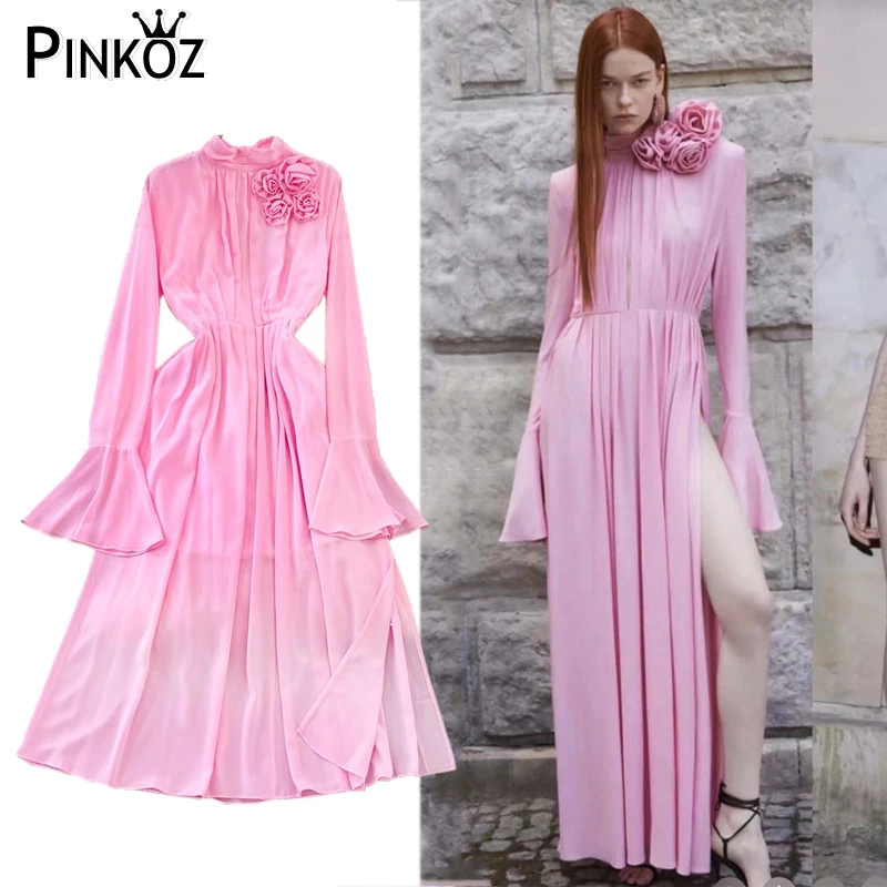 Pinkoz писта стилни дизайнерски шифоновые макси рокля с дълги изгорени ръкави и 3D апликации за жени, сексуална вечерни рокли с цепка, vestidos z Изображение 0