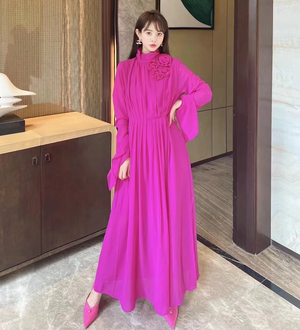 Pinkoz писта стилни дизайнерски шифоновые макси рокля с дълги изгорени ръкави и 3D апликации за жени, сексуална вечерни рокли с цепка, vestidos z Изображение 3