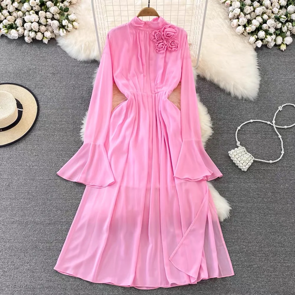 Pinkoz писта стилни дизайнерски шифоновые макси рокля с дълги изгорени ръкави и 3D апликации за жени, сексуална вечерни рокли с цепка, vestidos z Изображение 5