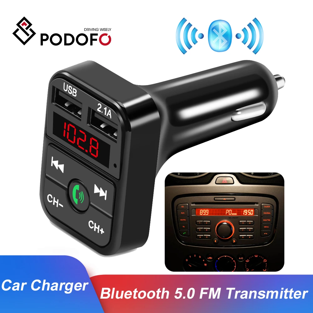 Podofo микрофон Безжична Bluetooth комплект за автомобил FM трансмитер TF карта LCD-MP3-плейър, Двойно USB 2.1 A зарядно за кола за телефон Изображение 0
