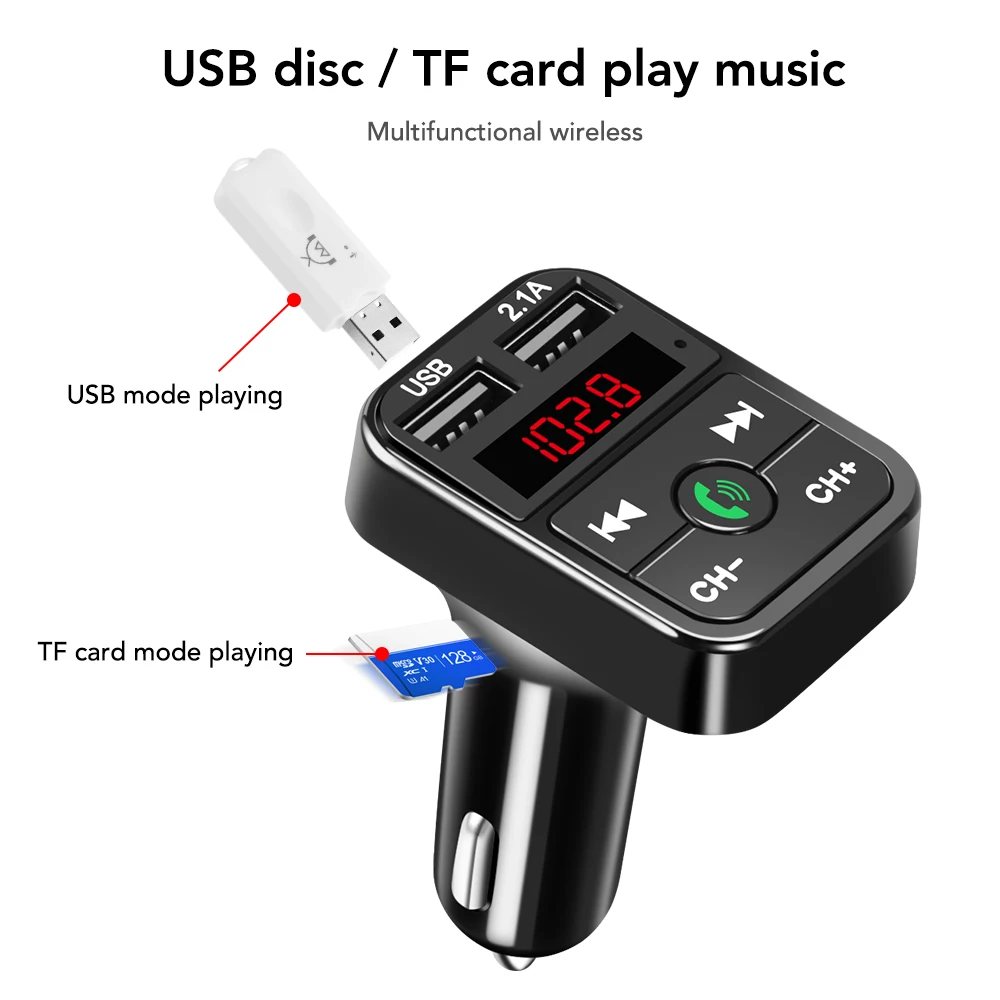 Podofo микрофон Безжична Bluetooth комплект за автомобил FM трансмитер TF карта LCD-MP3-плейър, Двойно USB 2.1 A зарядно за кола за телефон Изображение 4